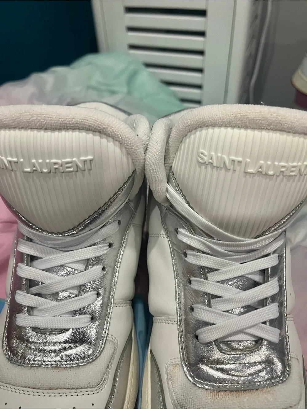 Saint Laurent SL/80 White and Metallic Silver High-Top Sneakers Size 8M 9.5W